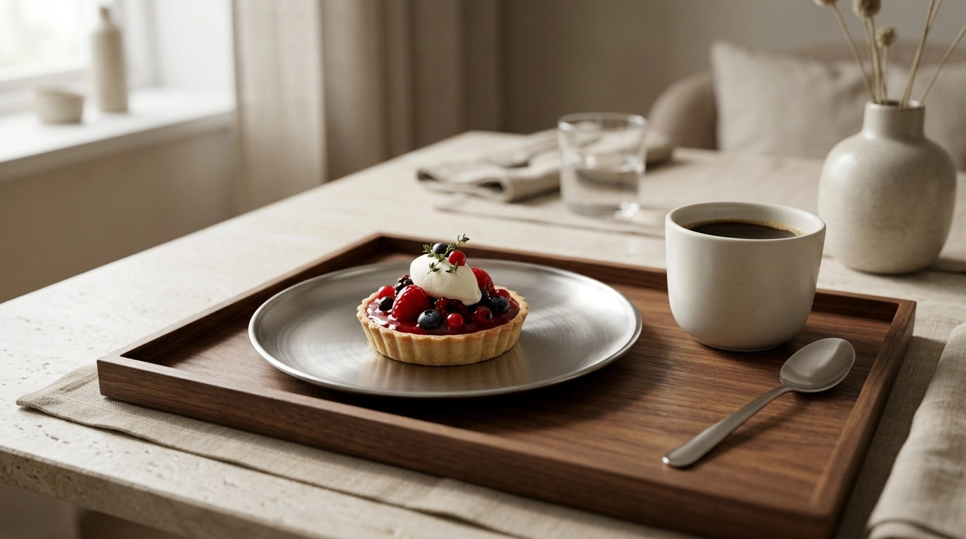 Nordic Stainless Dessert Plate & Walnut Tray Set