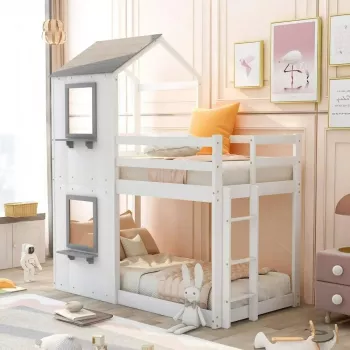 House Bunk Bed: Twin-Over-Twin with Roof & Windows